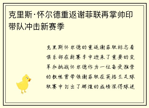 克里斯·怀尔德重返谢菲联再掌帅印带队冲击新赛季